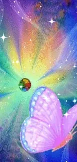 Purple butterfly in a colorful cosmic dreamscape background.