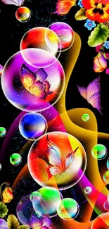 Colorful fantasy wallpaper with butterflies, bubbles, and flowers.