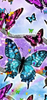 Vibrant butterflies with rainbow on light purple background.