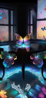 Colorful butterflies with reflections in a dreamy setting.