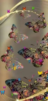 Elegant wallpaper featuring colorful butterflies and golden swirls.