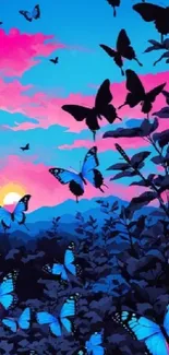 Butterflies flying in a colorful sunset sky.