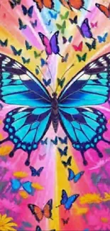 Vibrant blue butterfly art with colorful background.