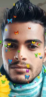 Face with colorful butterflies wallpaper image.