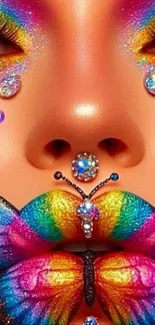 Colorful butterfly face art with rainbow hues and glitter details.