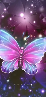 Vivid neon butterfly wallpaper in pink and blue on a starry purple background.