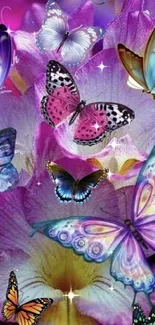 Vibrant butterflies on a purple floral background.