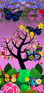 Colorful butterflies on a mystical tree with vibrant flowers.