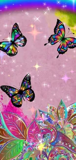 Vibrant butterflies on a pink fantasy background with sparkles.