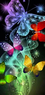 Colorful fantasy butterflies on black background.