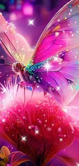 Colorful butterfly on luminous flower in fantasy setting.