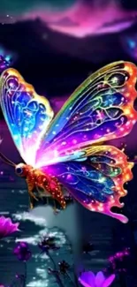 Colorful butterfly in a fantasy landscape with vibrant, glowing hues.