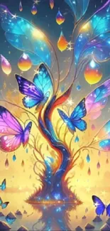 Fantasy wallpaper with colorful butterflies and a glowing tree.