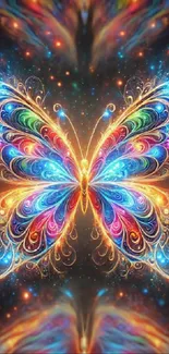 Vibrant neon butterfly with colorful wings.