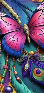 Colorful butterfly with feathers and beads in a fantasy design.