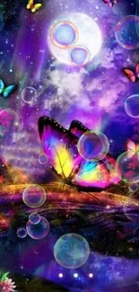 Vivid butterfly in a magical fantasy scene with vibrant, colorful elements.