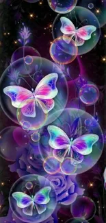 Colorful butterflies and flowers in a mystical fantasy art wallpaper.