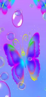 Colorful butterfly on purple background with bubbles.