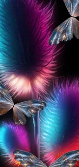 Vibrant butterfly fantasy art with colorful feathers on a dark background.