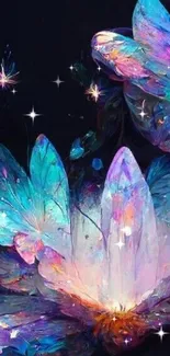 Enchanting fantasy wallpaper with vibrant butterflies on a dark background.