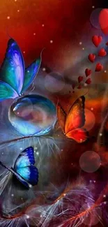 Vibrant fantasy mobile wallpaper with colorful butterflies and red hearts.