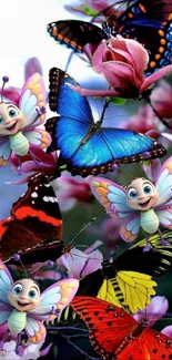 Colorful butterfly fantasy wallpaper with animated characters and flowers.