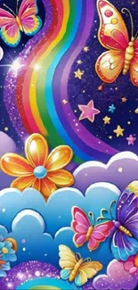 Colorful wallpaper with butterflies, rainbow, and flowers.