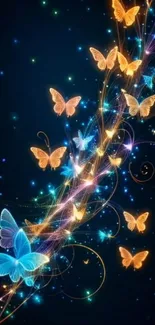 Bright neon butterflies on starry night background.