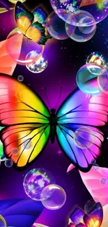 Colorful butterfly in a fantasy art scene with glowing orbs and vibrant colors.