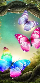 Colorful butterflies in a mystical forest setting.