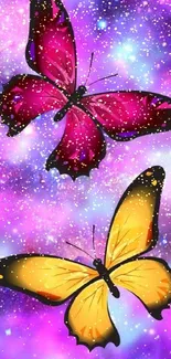 Colorful butterflies on a cosmic background.