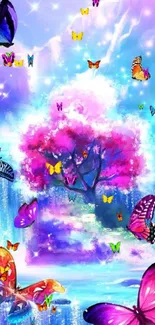 Fantasy wallpaper with butterflies and a pink tree.