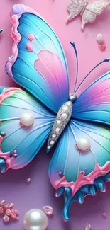 Vibrant butterfly fantasy wallpaper with a pink background.