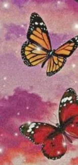 Colorful butterflies on a dreamy pink sky wallpaper.