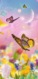 Colorful butterflies and flowers in a dreamy fantasy landscape.