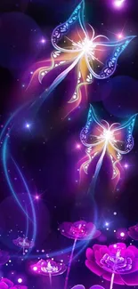 Fantasy wallpaper with glowing butterflies and flowers.