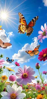 Butterflies and flowers in sunny meadow.