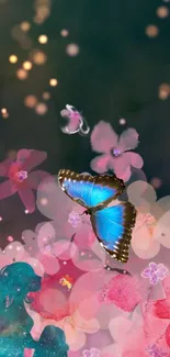 Blue butterfly on pink floral abstract with bokeh background.