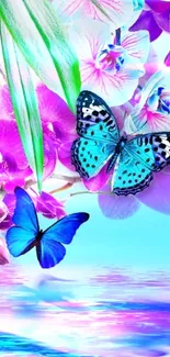 Vibrant mobile wallpaper with butterflies and flowers in aqua, purple, and pink hues.