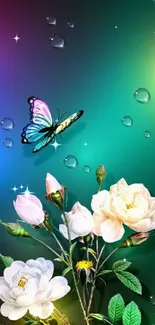 Colorful butterfly with flowers and droplets on a teal background.