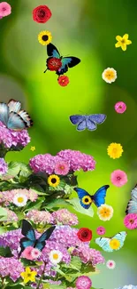 Vibrant green wallpaper with butterflies and flowers.