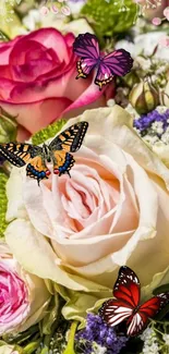 Butterflies rest on pink and cream roses in a vibrant wallpaper.