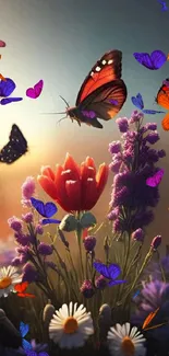 Butterflies flutter around vibrant flowers in a colorful nature scene wallpaper.