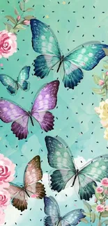 Butterflies and flowers on a teal background phone wallpaper.