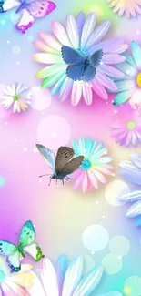 Colorful butterflies and flowers in pastel tones create a dreamy wallpaper.