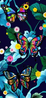 Vibrant butterflies and flowers on a navy blue background.