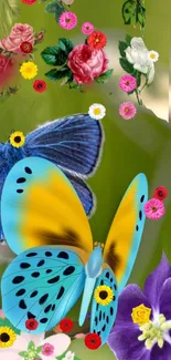 Colorful butterflies and flowers on a vibrant green wallpaper.