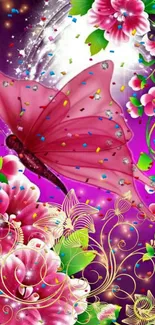 Vibrant pink butterfly and flowers mobile wallpaper.