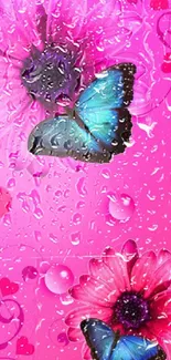 Pink wallpaper with blue butterflies and flowers.