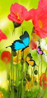 Vibrant mobile wallpaper with butterflies and flowers in a lush, green setting.